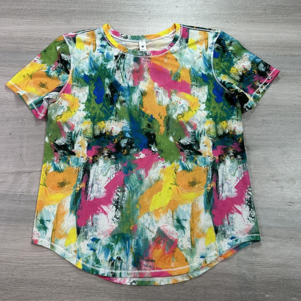 Lululemon Shirt Womens 4 Multicolor Abstract Mesh Curved Hem‎ Athletic LW3FADS